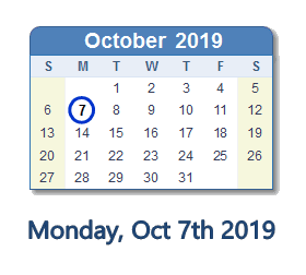October 7, 2019 calendar