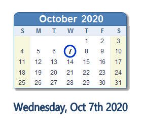 October 7, 2020 calendar
