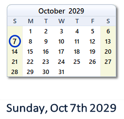 October 7, 2029 calendar