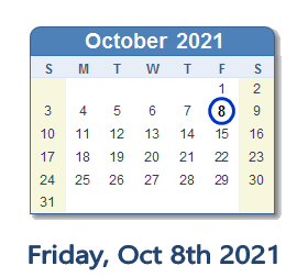 October 8, 2021 calendar