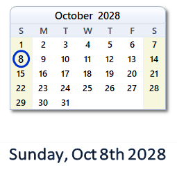 October 8, 2028 calendar