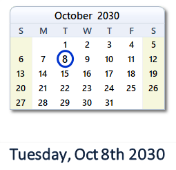 October 8, 2030 calendar