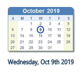 October 9, 2019 calendar