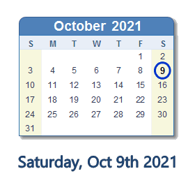 9 October 2021 calendar