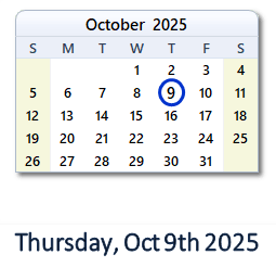 9 October 2025 calendar