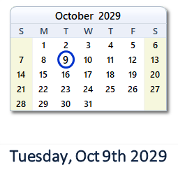 October 9, 2029 calendar