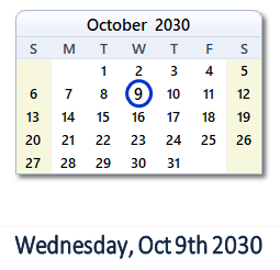 October 9, 2030 calendar