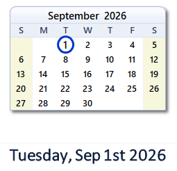 1 September 2026 calendar