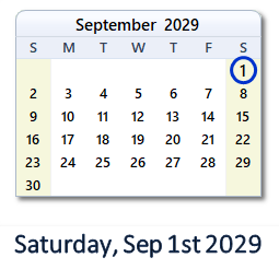 September 1, 2029 calendar