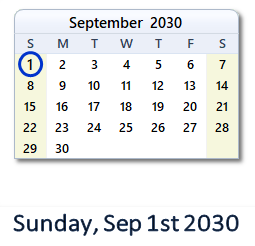 September 1, 2030 calendar