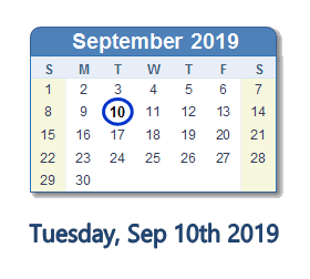 September 10, 2019 calendar