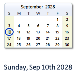 September 10, 2028 calendar