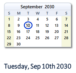 September 10, 2030 calendar