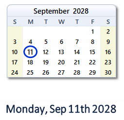 September 11, 2028 calendar