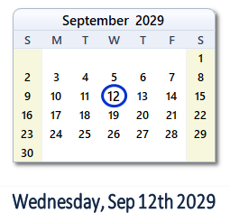 September 12, 2029 calendar