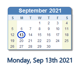 13 September 2021 calendar