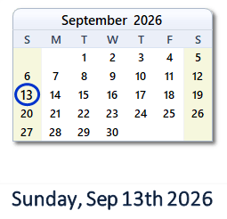 13 September 2026 calendar