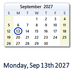 13 September 2027 calendar