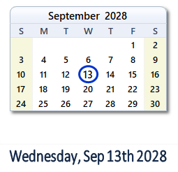 September 13, 2028 calendar