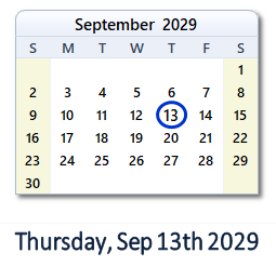 September 13, 2029 calendar
