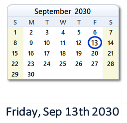 September 13, 2030 calendar