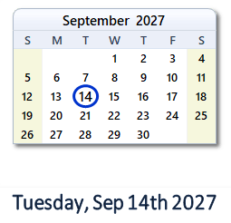 14 September 2027 calendar