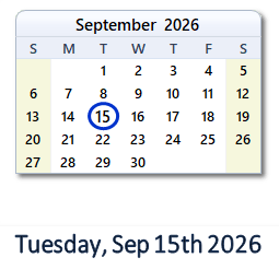 15 September 2026 calendar