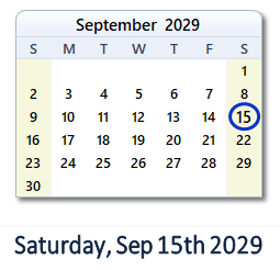 September 15, 2029 calendar