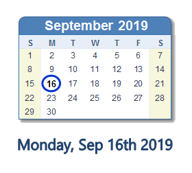 September 16, 2019 calendar