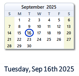 16 September 2025 calendar