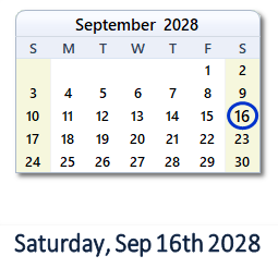 September 16, 2028 calendar