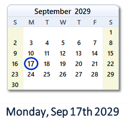 September 17, 2029 calendar