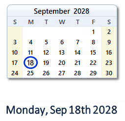 September 18, 2028 calendar