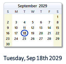 September 18, 2029 calendar