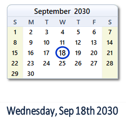 September 18, 2030 calendar