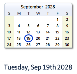 September 19, 2028 calendar
