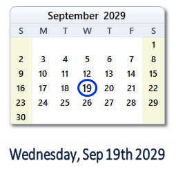 September 19, 2029 calendar
