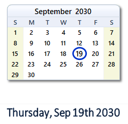 September 19, 2030 calendar