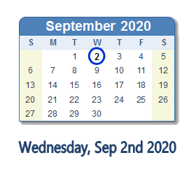 September 2, 2020 calendar