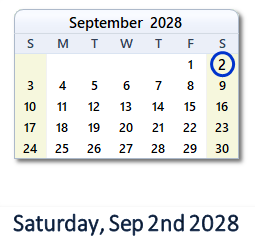 September 2, 2028 calendar