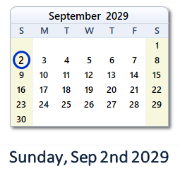 September 2, 2029 calendar