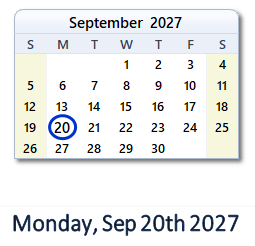 20 September 2027 calendar