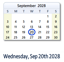 September 20, 2028 calendar