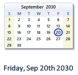 September 20, 2030 calendar