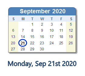 September 21, 2020 calendar