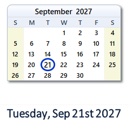 September 21, 2027 calendar