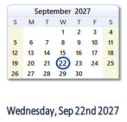 22 September 2027 calendar