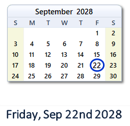 September 22, 2028 calendar