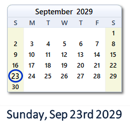 September 23, 2029 calendar