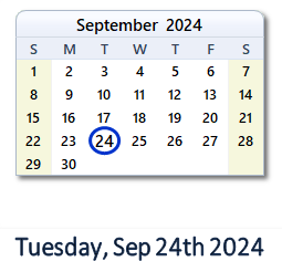 September 24, 2024 Calendar with Holidays & Count Down - USA